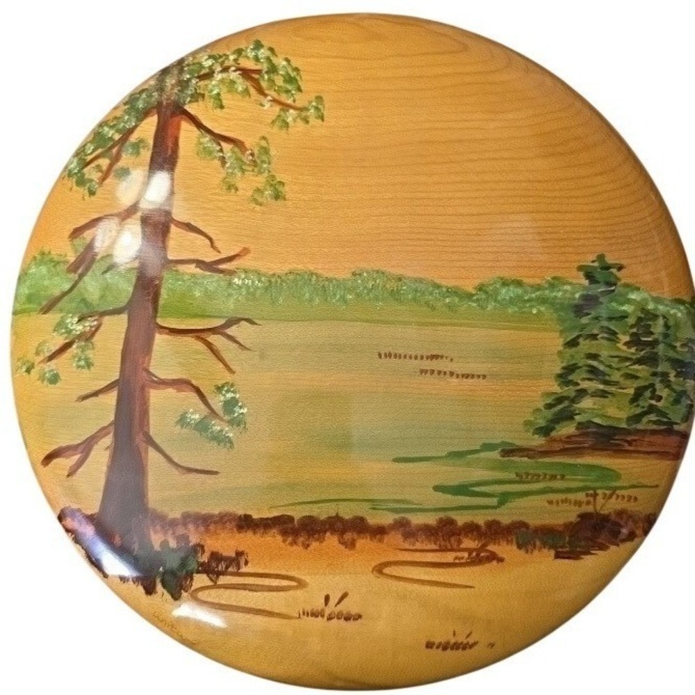 Oregon Myrtlewood Hand Painted Landscape Wall Plaque Anita Signed 12 Inch Round